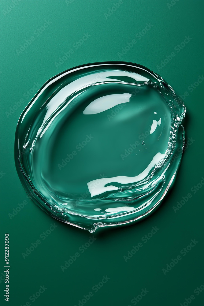 Water gel texture on deep green background, top view. Transparent cosmetic product swatch in liquid form Water gel texture on deep green background, top view. Transparent cosmetic product swatch in liquid form
