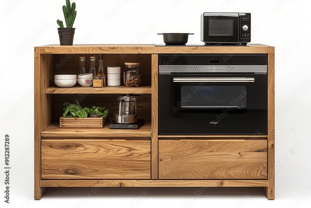 Solid oak cactus bookcase with open cabinet and two shelves for kitchen storage, closed bottom section holding microwave oven.