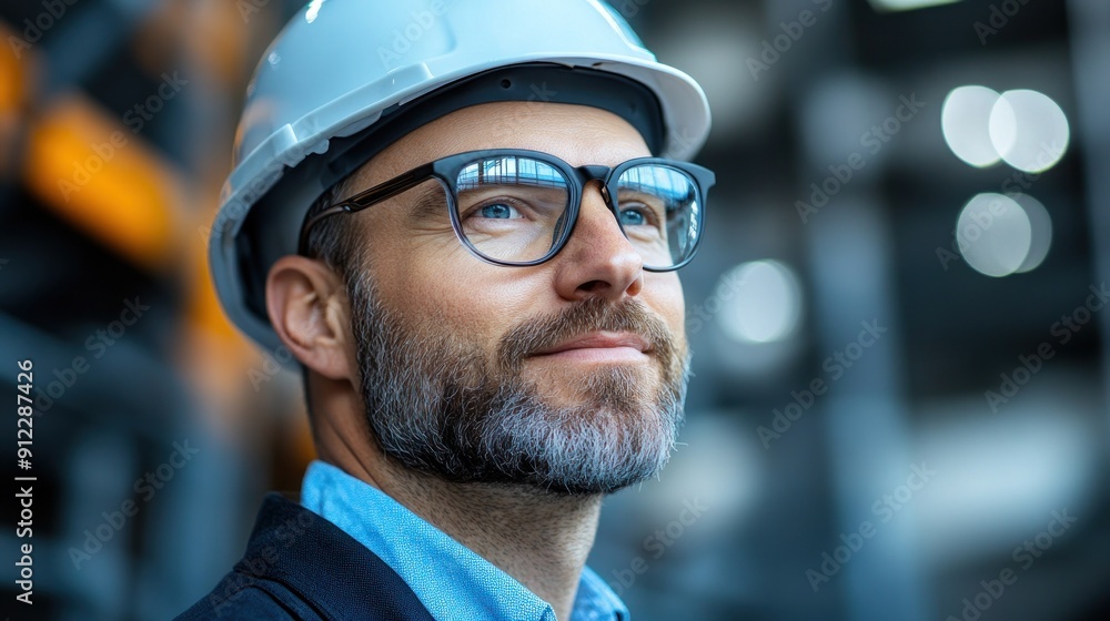 A construction worker looks confidently while overseeing operations in a large warehouse environment A construction worker looks confidently while overseeing operations in a large warehouse environment