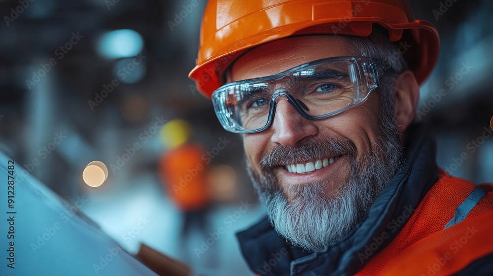A construction worker joyfully reviews a blueprint at a busy work site A construction worker joyfully reviews a blueprint at a busy work site