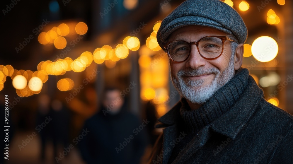 An elderly man smiles warmly while surrounded by soft glowing lights in the evening An elderly man smiles warmly while surrounded by soft glowing lights in the evening