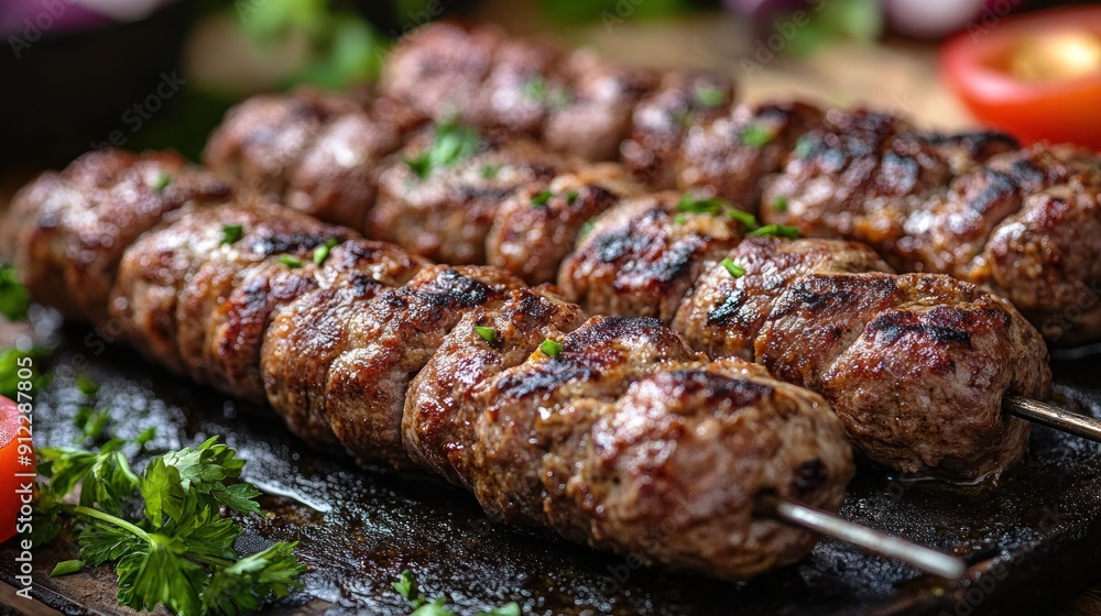 Juicy grilled meat skewers garnished with herbs resting on a wooden platter Juicy grilled meat skewers garnished with herbs resting on a wooden platter