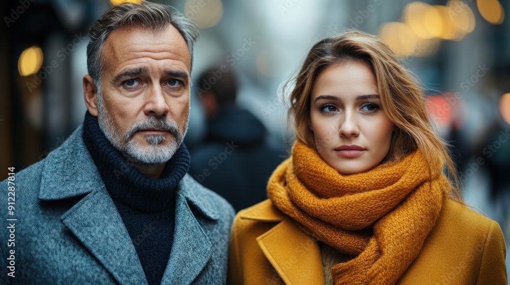 A man and woman walk together in a bustling urban environment during fall A man and woman walk together in a bustling urban environment during fall
