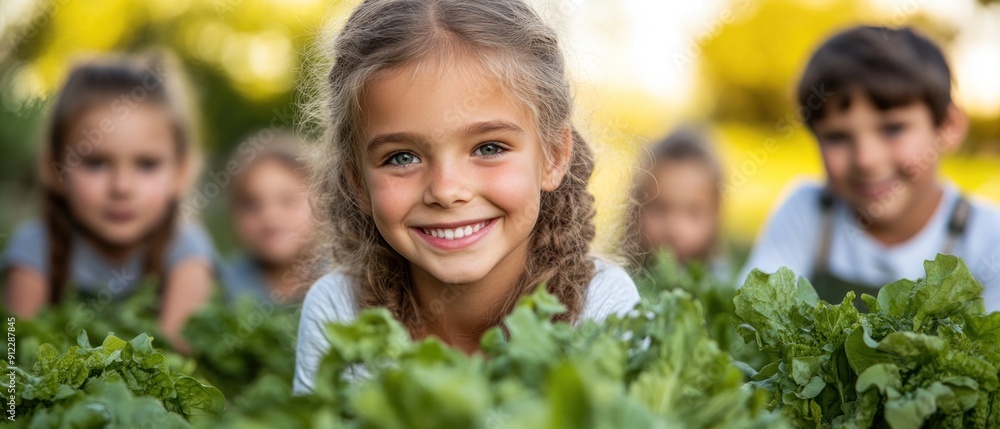 A group of kids joyfully participates in gardening, surrounded by vibrant green plants A group of kids joyfully participates in gardening, surrounded by vibrant green plants