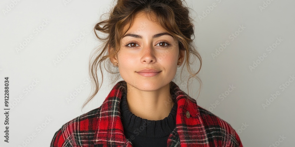 Fototapeta premium A young woman smiles warmly while wearing a plaid jacket, showcasing her relaxed and friendly demeanor