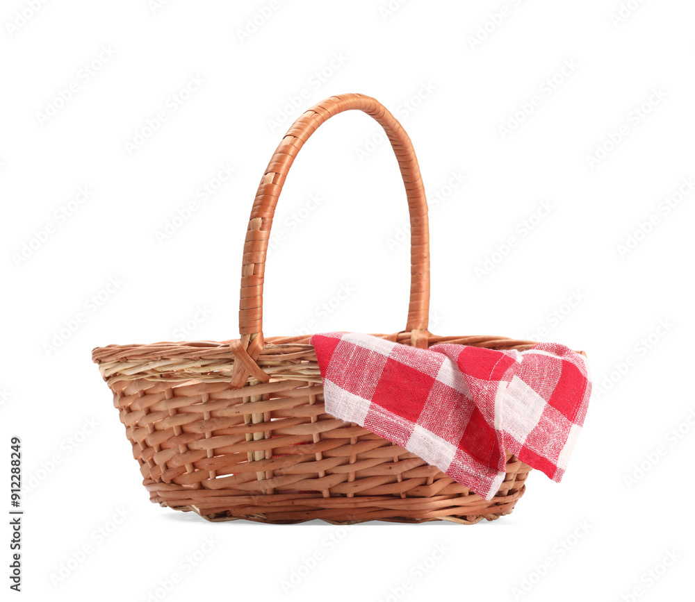 One picnic wicker basket with checkered napkin isolated on white One picnic wicker basket with checkered napkin isolated on white