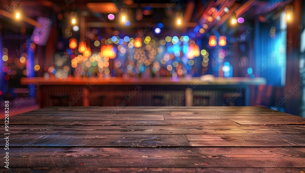 Wooden Tabletop with Blurred Bar Background and Lights Wooden Tabletop with Blurred Bar Background and Lights