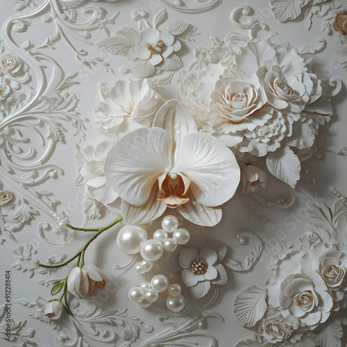 A close up of flowers and pearls on a wall