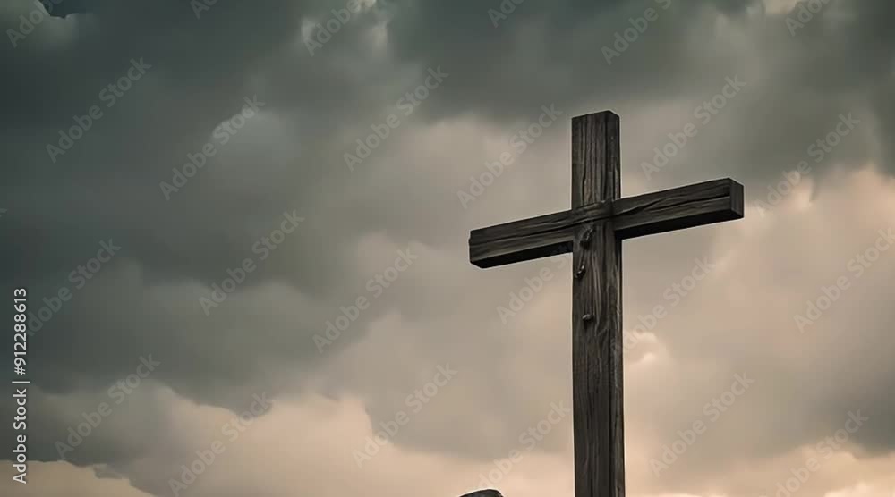 A simple wooden cross set against brooding storm clouds, representing Jesus' sacrifice and the hope it brings to humanity. A simple wooden cross set against brooding storm clouds, representing Jesus' sacrifice and the hope it brings to humanity.
