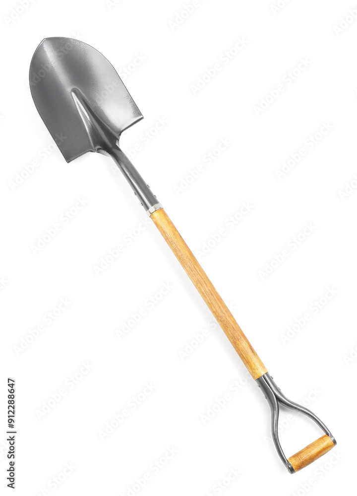 Metal shovel with wooden handle isolated on white, top view Metal shovel with wooden handle isolated on white, top view