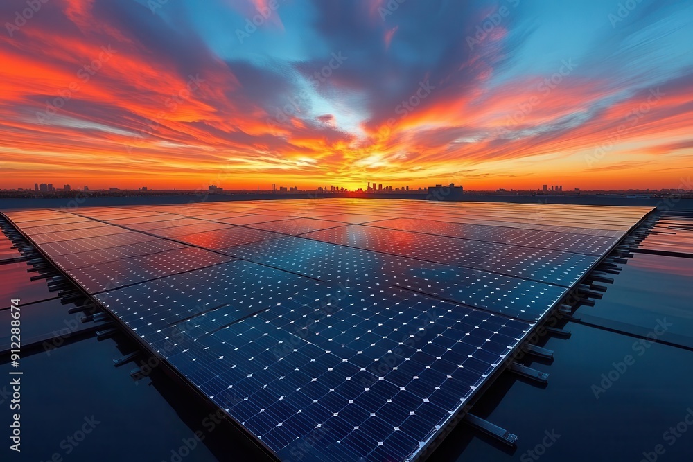warehouse rooftop covered in gleaming solar panels dramatic sky ...