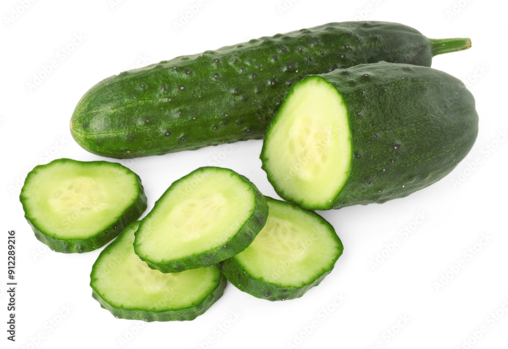 Fresh cut cucumber isolated on white, above view Fresh cut cucumber isolated on white, above view