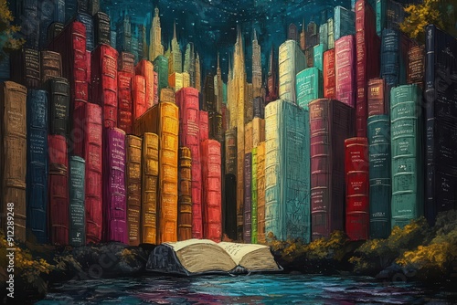 whimsical library scene with towering stacks of colorful books forming a fantastical cityscape each tome represents a different genre creating a vibrant tapestry of literary worlds