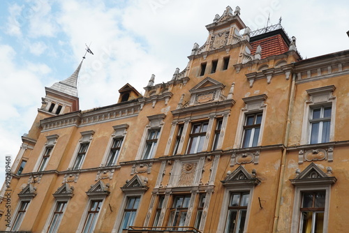 Facade of old house on Muresenilor street in old center of Brasov city in Transylvania, Romania