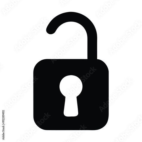 Black and white open padlock icon graphic. Vector illustration