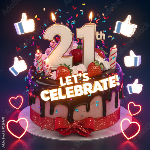 a 21 years old birthday cake with candles and confetti