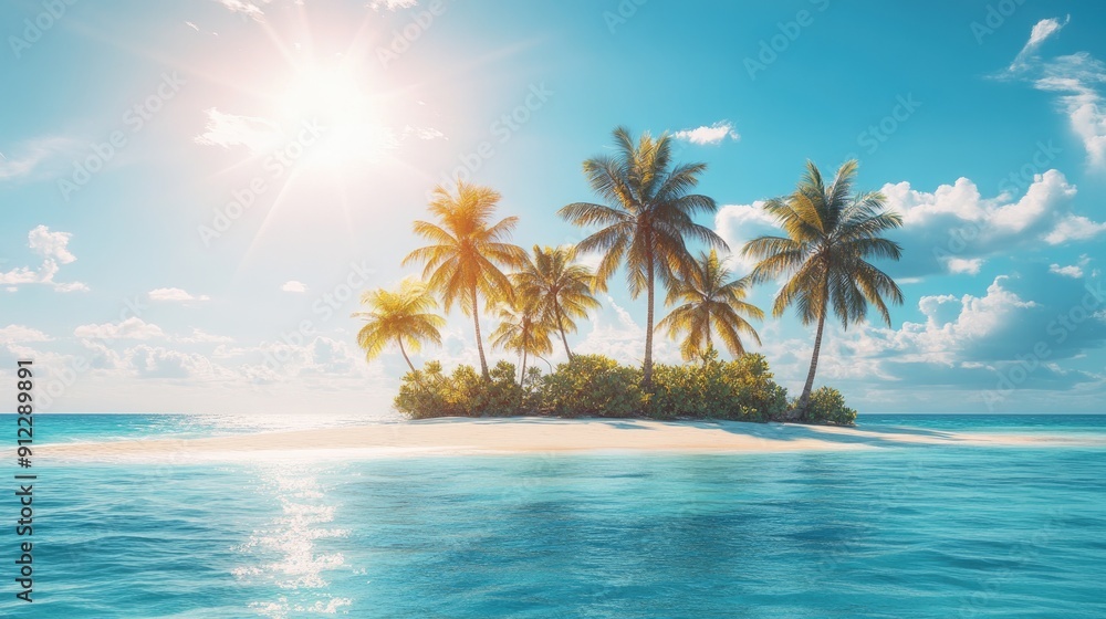 Colorful palm tree island, radiant in the bright sunshine, surrounded by azure waters Colorful palm tree island, radiant in the bright sunshine, surrounded by azure waters