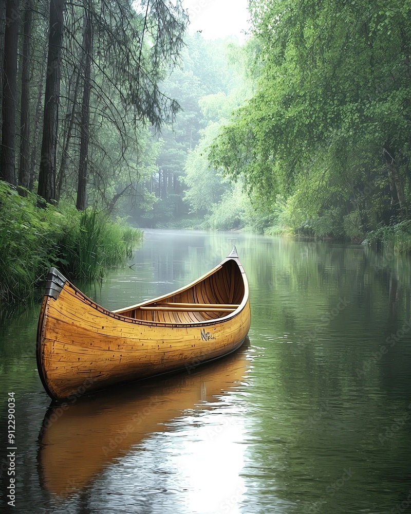 A realistic photo of a wooden canoe floating on a calm river, surrounded by dense forest, more clarity with clear light and sharp focus, super detailed A realistic photo of a wooden canoe floating on a calm river, surrounded by dense forest, more clarity with clear light and sharp focus, super detailed
