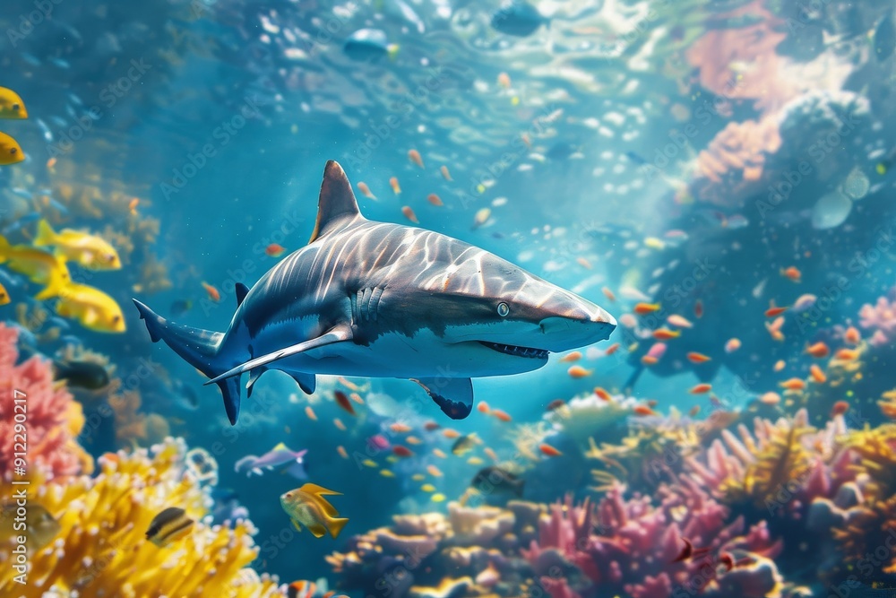 Fototapeta premium Vibrant coral reef habitat with shark swimming gracefully among colorful fish