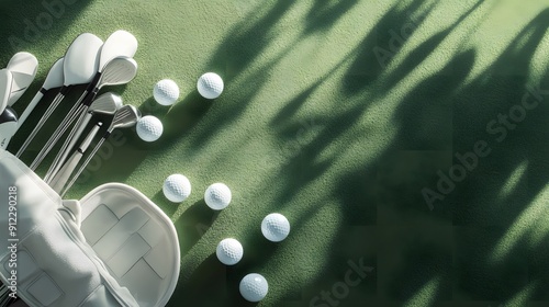 Top view of sports equipment, golf clubs and balls, bright daylight, clean and organized, sophisticated and elegant mood