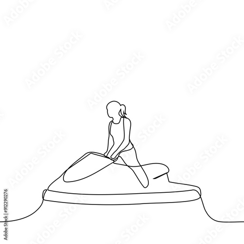 woman On Stand up Jet Ski - one line art vector. concept woman controls water transport, woman rescuer