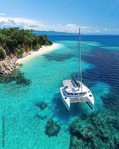 A realistic photo of a catamaran anchored near a tropical island, with clear turquoise waters and white sandy beaches, more clarity with clear light and sharp focus, super detailed