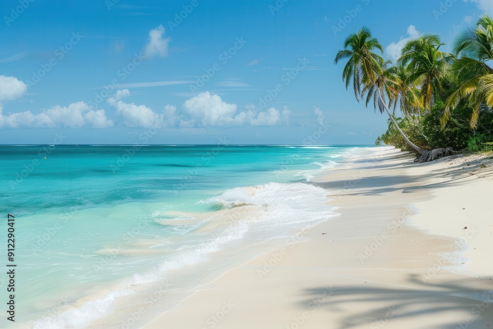 sundrenched tropical beach with crystalclear turquoise waters soft focus on swaying palm trees and powdery white sand creating a serene and inviting paradise atmosphere sundrenched tropical beach with crystalclear turquoise waters soft focus on swaying palm trees and powdery white sand creating a serene and inviting paradise atmosphere