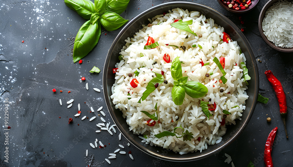 Mixed boiled rice with chilli and basil. Dietary menu. Top view Mixed boiled rice with chilli and basil. Dietary menu. Top view