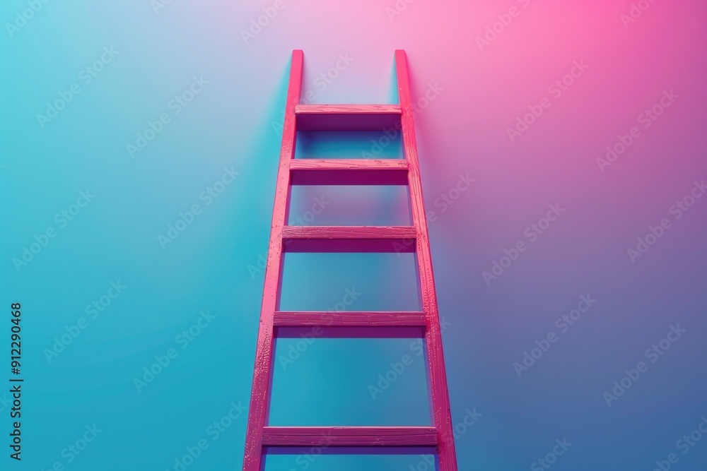 A ladder leaning against a colorful wall with pink and blue tones A ladder leaning against a colorful wall with pink and blue tones