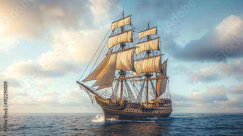 A realistic photo of a historical tall ship with full sails, sailing majestically on open seas, more clarity with clear light and sharp focus, super detailed photo