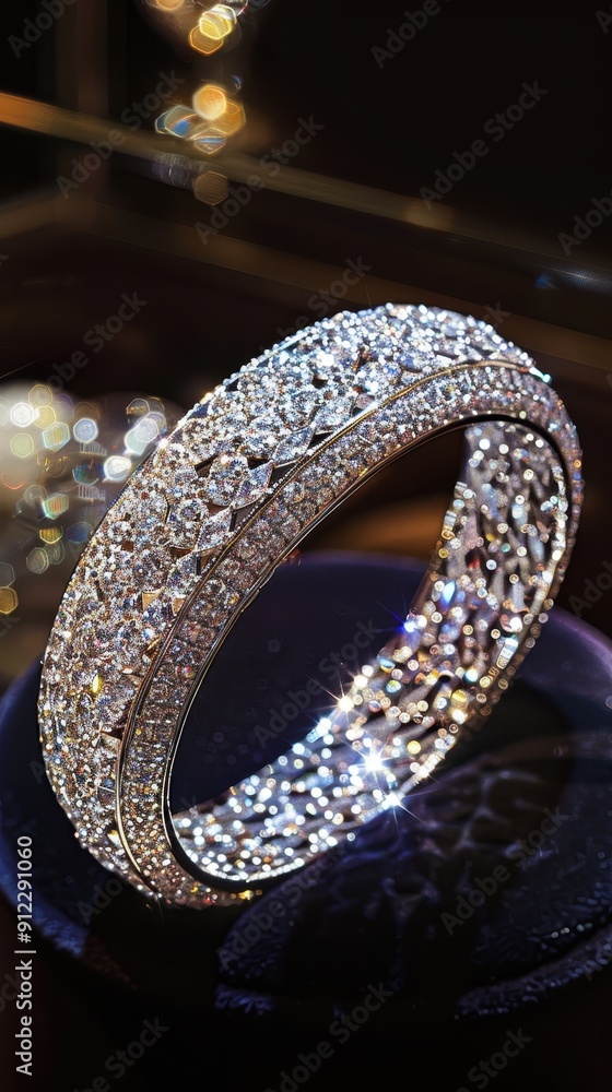 A stunning silver bracelet adorned with brilliant gems glistens under store lighting A stunning silver bracelet adorned with brilliant gems glistens under store lighting