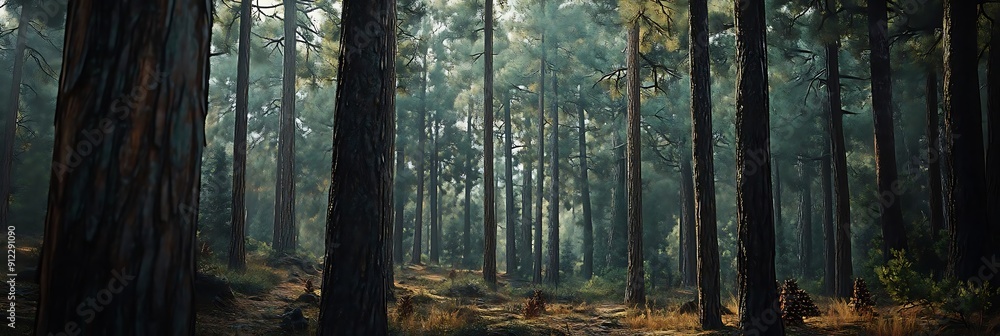 Mysterious Forest Illustration with Tall Trees and Fog Mysterious Forest Illustration with Tall Trees and Fog