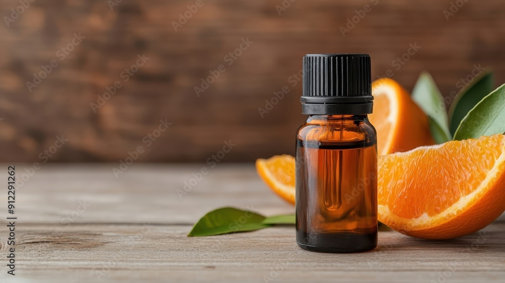Petite bottle of sweet orange essential oil on an antique wooden backdrop. Petite bottle of sweet orange essential oil on an antique wooden backdrop.