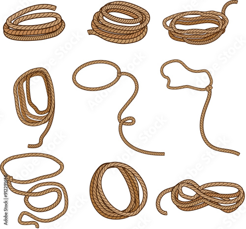 lasso set cartoon. western cowboy, heframe circle, rodeo cord lasso sign. isolated symbol vector illustration