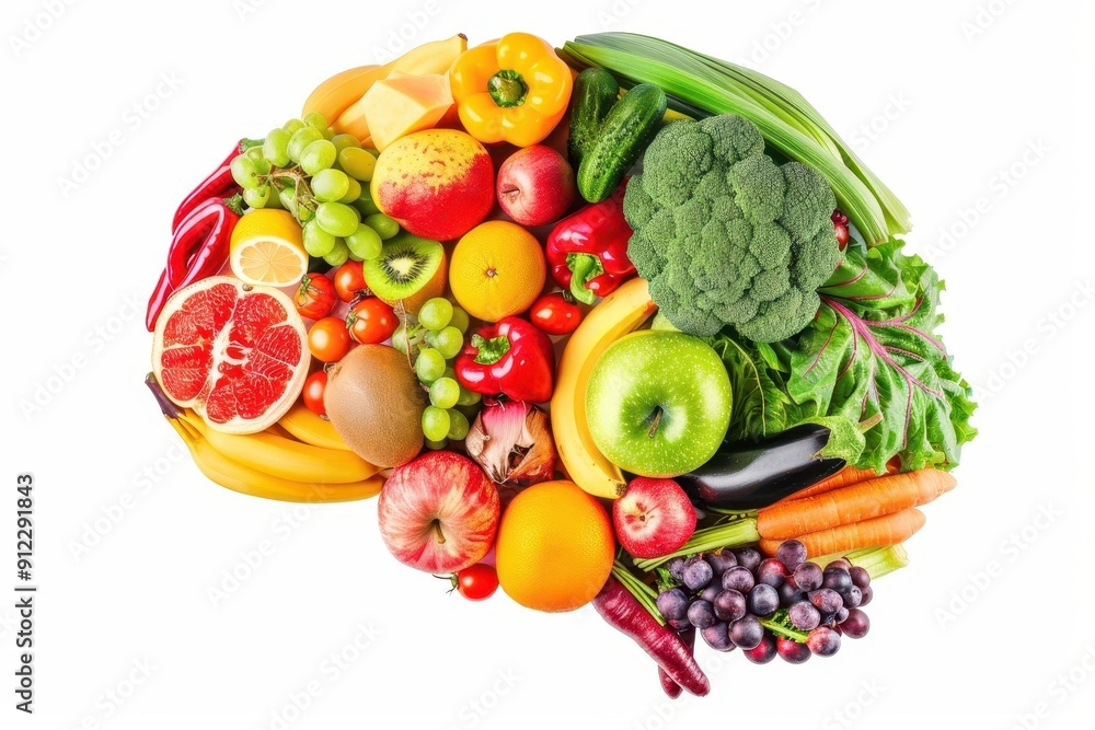 surreal brain composed of fresh fruits and vegetables intricate arrangement on white background vibrant colors symbolizing nutrition and cognition surreal brain composed of fresh fruits and vegetables intricate arrangement on white background vibrant colors symbolizing nutrition and cognition