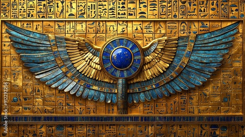 A vibrant wall relief displays a winged goddess with hieroglyphics in a historical context, showcasing ancient Egyptian artistry