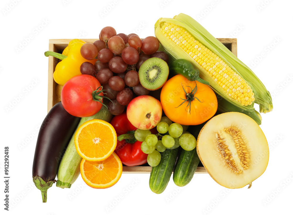 Different fresh fruits and vegetables in crate isolated on white, top view Different fresh fruits and vegetables in crate isolated on white, top view
