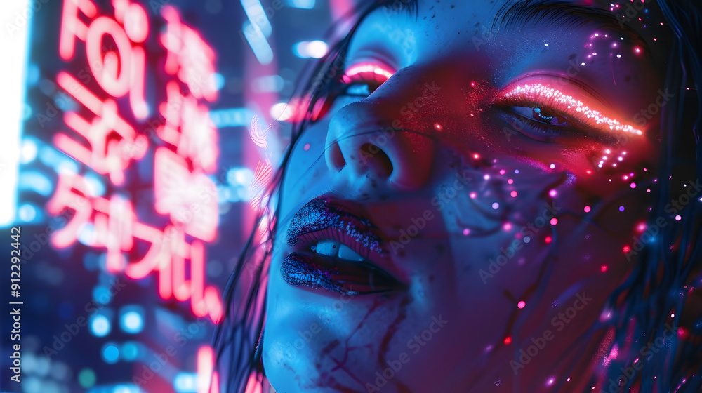 Cyberpunk-inspired model with neon makeup in front of LED billboard Cyberpunk-inspired model with neon makeup in front of LED billboard