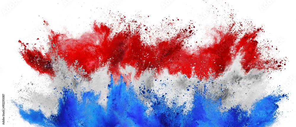 colorful flag of netherlands with red white and blue color holi paint powder explosion isolated white background. Dutch party soccer symbol travel and tourism concept.