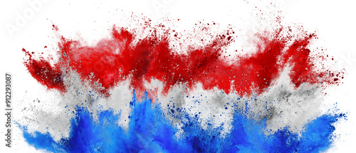 Obraz na płótnie colorful flag of netherlands with red white and blue color holi paint powder explosion isolated white background. Dutch party soccer symbol travel and tourism concept. w salonie