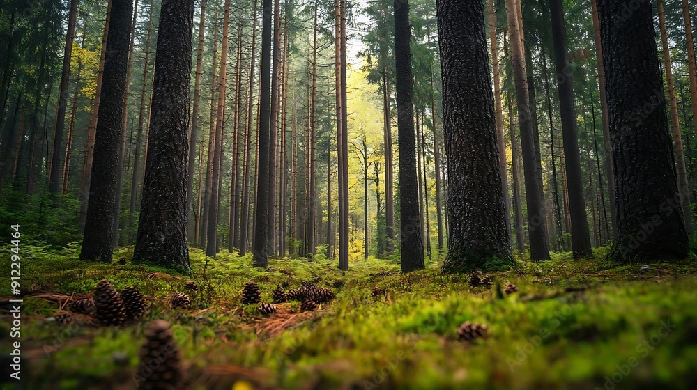 Forest Trees With Pine Cones - Realistic Photo Forest Trees With Pine Cones - Realistic Photo