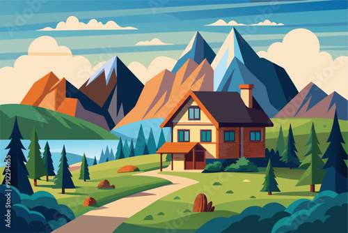 Colorful cartoon landscape design vector illustration. House in the mountains with some green trees, and there is a clear river flowing.