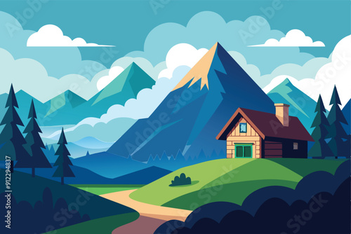 Colorful cartoon landscape design vector illustration, beautiful sky and clouds. House in the mountains with some green trees.