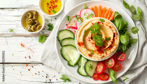 Hummus with vegetables on plate photo