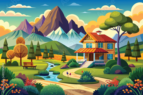 Colorful cartoon landscape design vector illustration. House in the mountains with some green trees, and there is a clear river flowing.