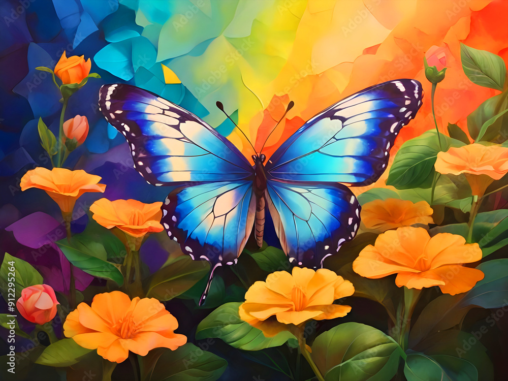 Blue butterfly on orange flowers Blue butterfly on orange flowers