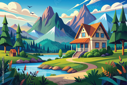 Colorful cartoon landscape design vector illustration. House in the mountains with some green trees, and there is a clear river flowing.