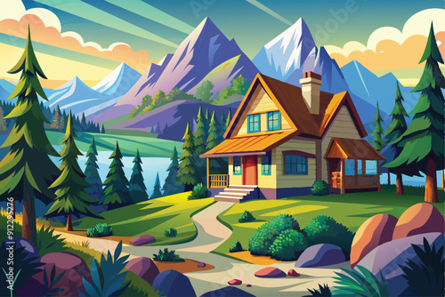 Colorful cartoon landscape design vector illustration, beautiful sky and clouds. House in the mountains with some green trees.