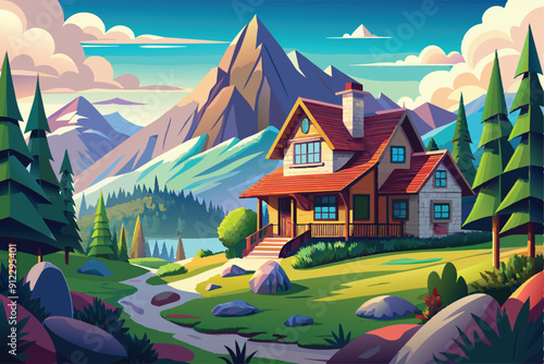 Colorful cartoon landscape design vector illustration, beautiful sky and clouds. House in the mountains with some green trees.