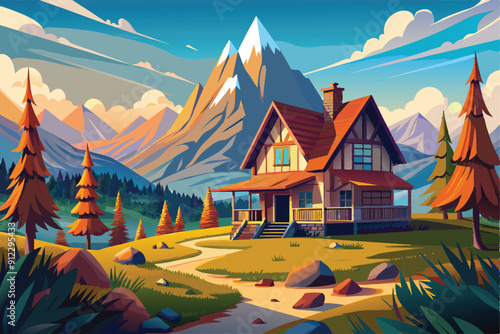 Colorful cartoon landscape design vector illustration, beautiful sky and clouds. House in the mountains with some green trees.